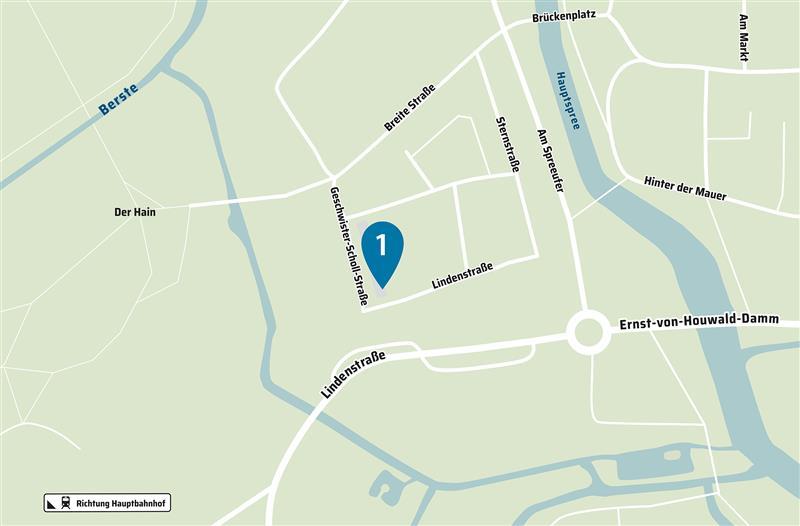 Bild: Karte mit markiertem Standort an der Kreuzung Geschwister-Scholl-Straße und Lindenstraße in der Nähe der Hauptspree und des Brückenplatzes.