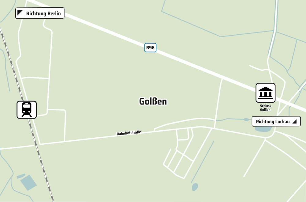 Bild: Kartenausschnitt von Golßen in Brandenburg, Deutschland mit der B96 und der Bahnhofstraße. Das Schloss Golßen sowie der Bahnhof sind abgebildet. Pfeile zeigen in die Richtungen nach Berlin und Luckau.