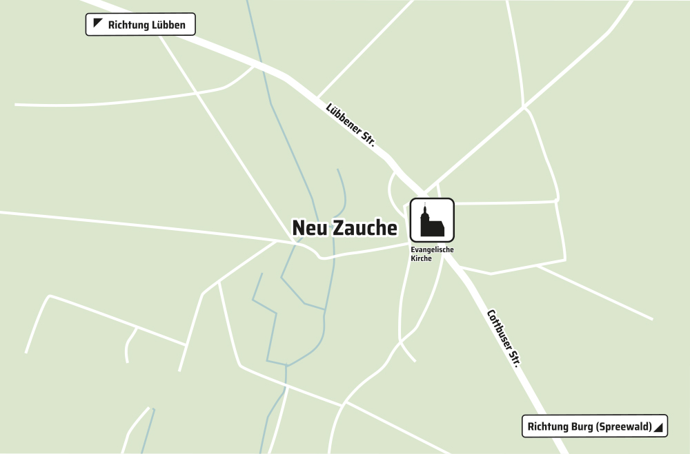 Bild: Kartenausschnitt von Neu Zauche in Brandenburg, Deutschland mit der Evangelischen Kirche. Im Norden verläuft die Lübbener Straße, im Süden die Cottbuser Straße. Pfeile zeigen in die Richtungen nach Lübben und Burg (Spreewald).