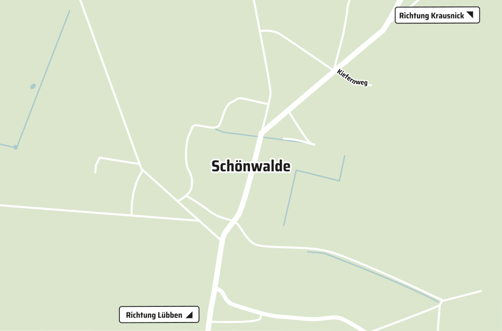 Bild: Kartenausschnitt von Schönwalde in Brandenburg, Deutschland mit dem nordöstlich gelegenen Kiefernweg. Pfeile zeigen in die Richtungen nach Krausnick und Lübben.